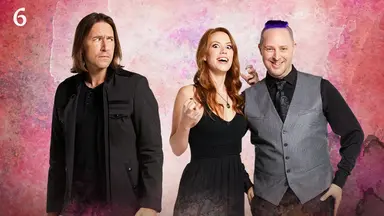 Thumbnail for episode 6. Marisha and Taliesin pose together with Matt slightly off to the left. Marisha and Taliesin are grinning, Marisha giving a frightening smile. Matt looks towards them with a scared expression. They are dressed in black and gray and stand against a colorful backdrop with splashes of reds, purples, and blacks over white.