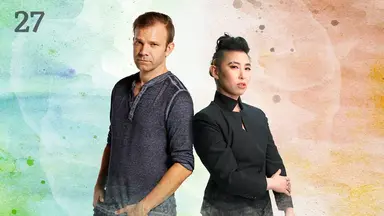 Thumbnail for episode 27. Liam and Erika Ishii pose back-to-back. Both look fairly stoically at the camera. They are dressed in gray and black and stand against a colorful backdrop with splashes of greens on the left and oranges on the right, with white underneath.