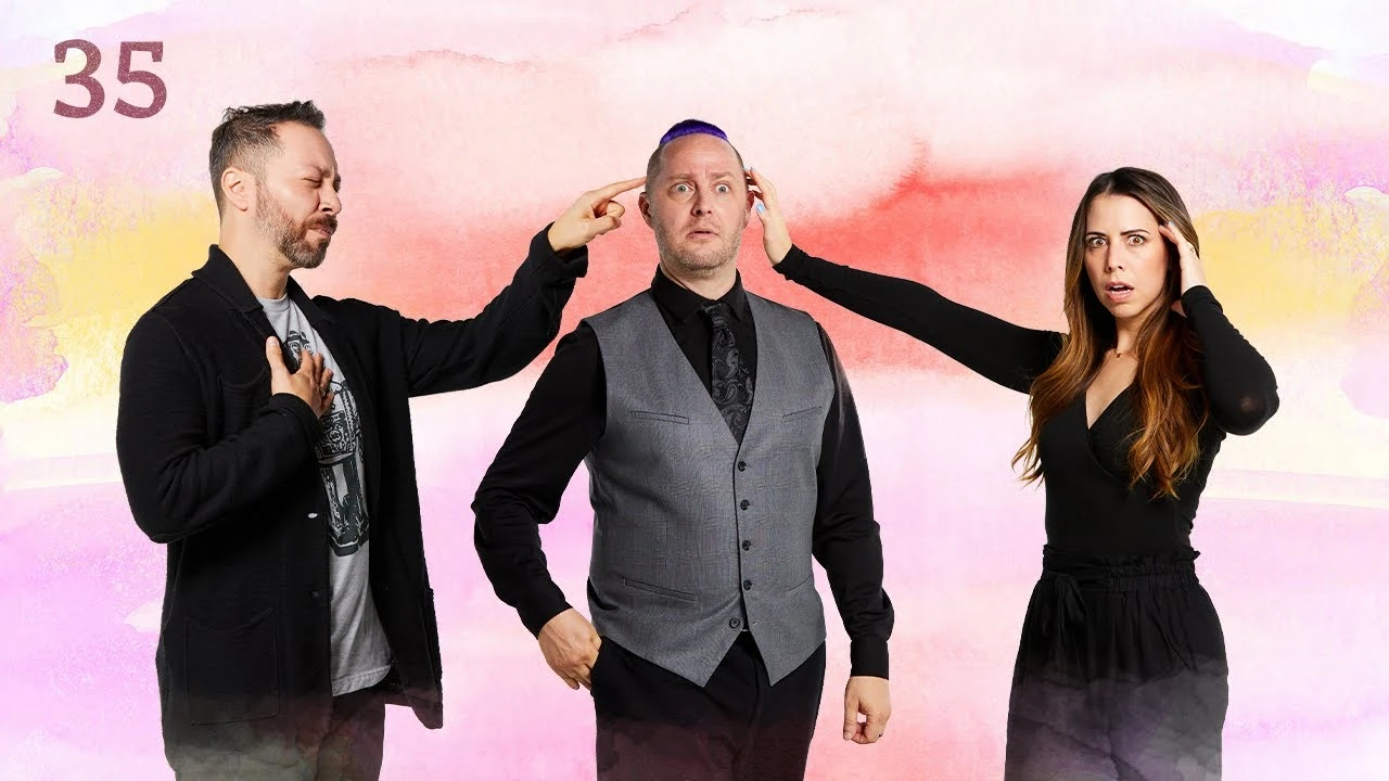 Thumbnail for episode 35. Sam, Taliesin, and Laura pose against a colorful backdrop.