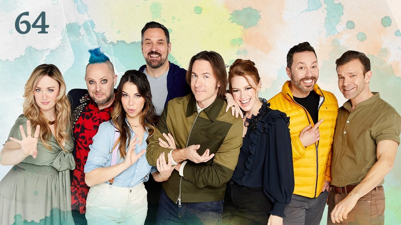 Thumbnail for episode 64. Ashley, Taliesin, Laura, Travis, Matt, Marisha, Sam, and Liam pose against a colorful backdrop.