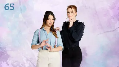 Thumbnail for episode 65. Laura and Marisha pose against a colorful backdrop.