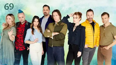 Thumbnail for episode 69. Ashley, Taliesin, Laura, Travis, Matt, Marisha, Sam, and Liam pose against a colorful backdrop.