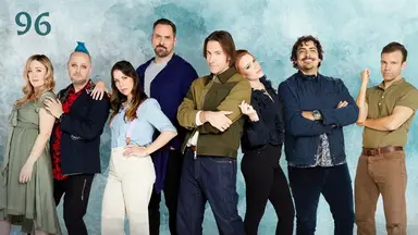 Thumbnail for episode 96. A group photo of Ashley, Taliesin, Laura, Travis, Matt, Marisha, Robbie Daymond, and Liam. They are dressed mostly blues and greens and stand against a colorful backdrop with splashes of light blue and torquoise over white.