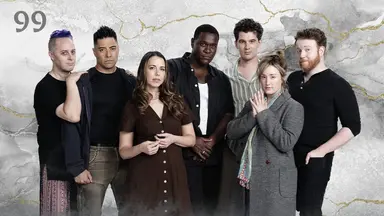 Thumbnail for episode 99. A group photo Taliesin, Noshir Dalal, Laura, Abubakar Salim, Nick Marini, Ashley , and Brennan Lee Mulligan. They all look towards the viewer. They are dressed in muted blacks, browns, and greens and stand against a colorful backdrop with golden streaks over a black and white base, looking like veins of ore through rock.