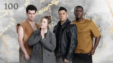 Thumbnail for episode 100. Nick Marini, Ashley, Noshir Dalal, and Abubakar Salim pose in a line. Ashley’s hands are in front of her in prayer. Nick wears an open brown vest with no undershirt, Ashley wears a long gray jacket, Noshir wears a black leather jacke, and Abubakar wears a yellow fabric shirt. They stand against a colorful backdrop with golden streaks over a black and white base, looking like veins of ore through rock.