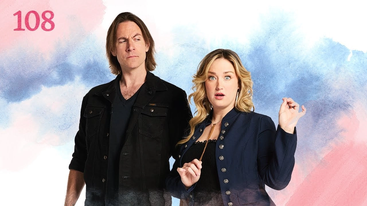 Thumbnail for episode 108. Matt looks sidelong at Ashley, who is staring at the viewer wide-eyed, her left hand raised in a grasping position and her right hand pulling at a strap around her neck. Matt wears a black denim jacket over a black T-shirt, and Ashley is dressed in a dark blue jacket with large brass buttons over a frilled black top. They stand against a colorful backdrop with splashes of blues and reds over white.