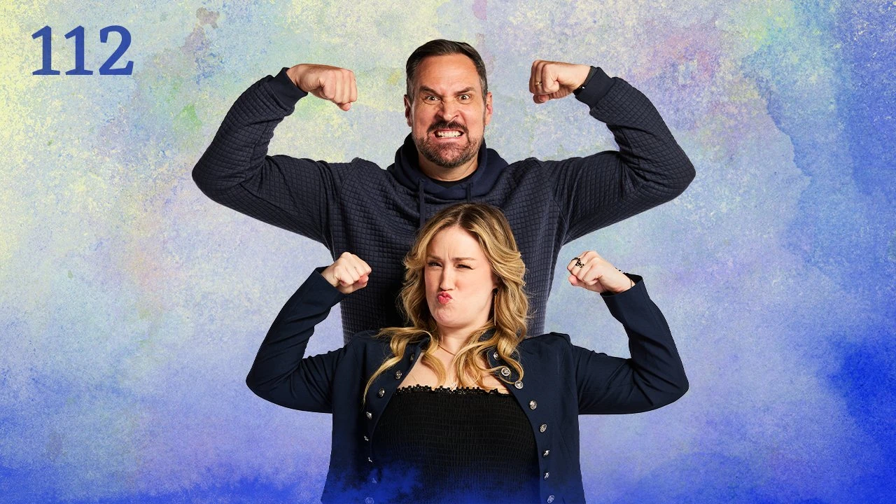 Thumbnail for episode 112. Travis and Ashley face forward making silly tough faces and flexing their muscles. Travis stands behind Ashley, positioned higher so her head is just below his shoulders. They are dressed in dark blues and blacks, with Travis in a hoodie and Ashley in a jacket with brass buttons over a knit black top. They stand against a colorful backdrop with splashes of blues, yellows, greens, and reds over white.