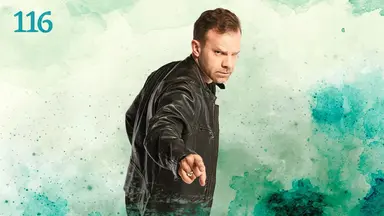 Thumbnail for episode 116. Liam stands sideways and points at the viewer, glaring over his right shoulder directly at the camera. He wears a ring on his right ring finger and a black leather jacket. He stands against a colorful backdrop with splashes of greens and blues over white.