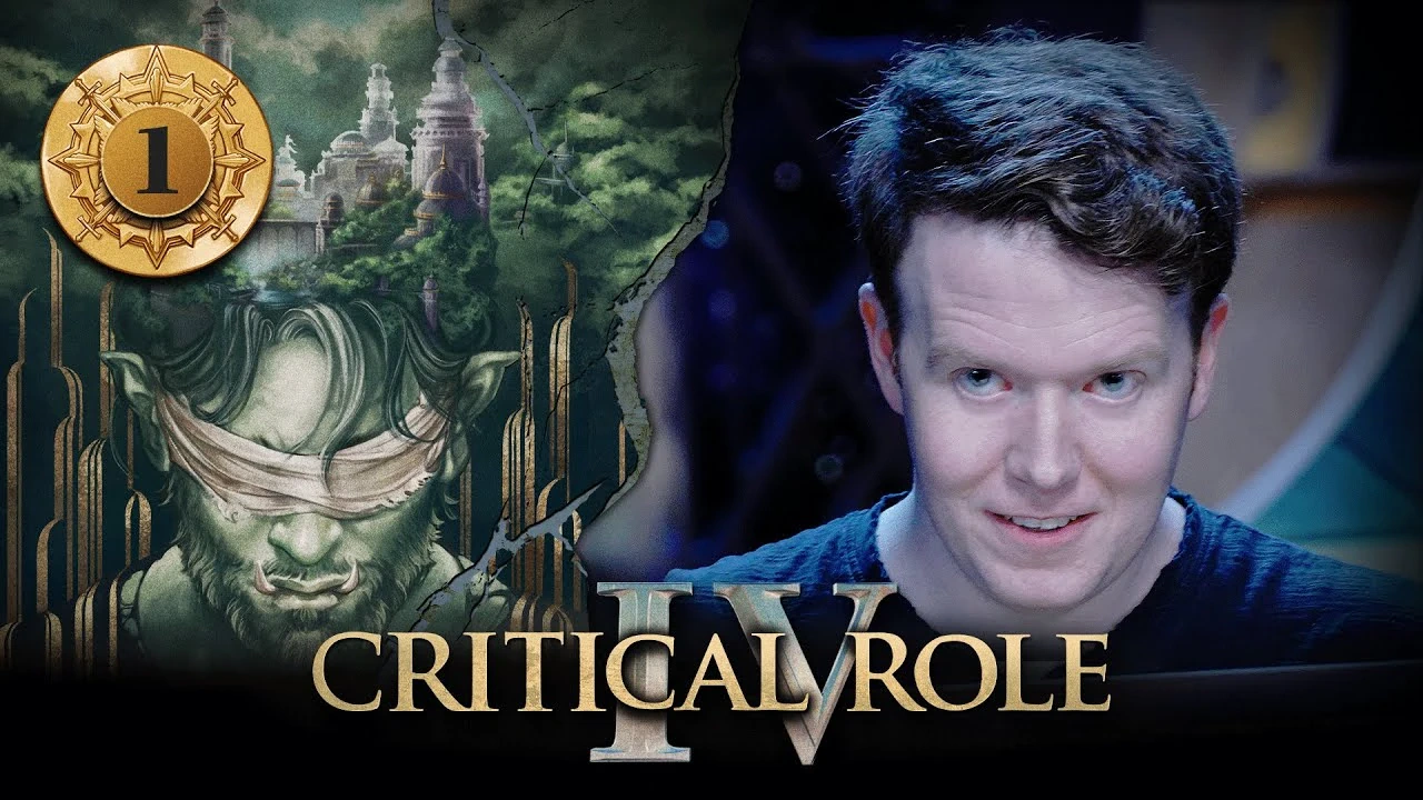 Thumbnail for Critical Role IV episode 1. A split image having the effect of cracked plaster, with campaign artwork of a blindfolded orc beneath a city skyline on the left and Brennan looking mischevious on the right. The orc has green skin, pointed ears, messy green hair, and a short rugged beard. Two sharp teeth emerge upwards from his bottom jaw. The blindfold is made of ripped linen. Behind him is a golden Art Deco backdrop. Above him is an image of a city set within a lush green forest. Tall white buildings with gold-accented domes rise high above the trees. On the right, Brennan sits at the table, looking just above the camera.