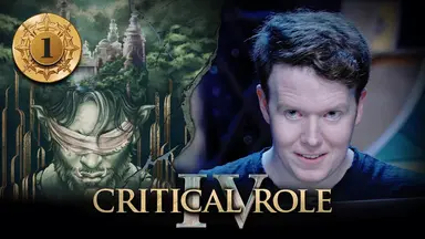 Thumbnail for Critical Role IV episode 1. A split image having the effect of cracked plaster, with campaign artwork of a blindfolded orc beneath a city skyline on the left and Brennan looking mischevious on the right. The orc has green skin, pointed ears, messy green hair, and a short rugged beard. Two sharp teeth emerge upwards from his bottom jaw. The blindfold is made of ripped linen. Behind him is a golden Art Deco backdrop. Above him is an image of a city set within a lush green forest. Tall white buildings with gold-accented domes rise high above the trees. On the right, Brennan sits at the table, looking just above the camera.