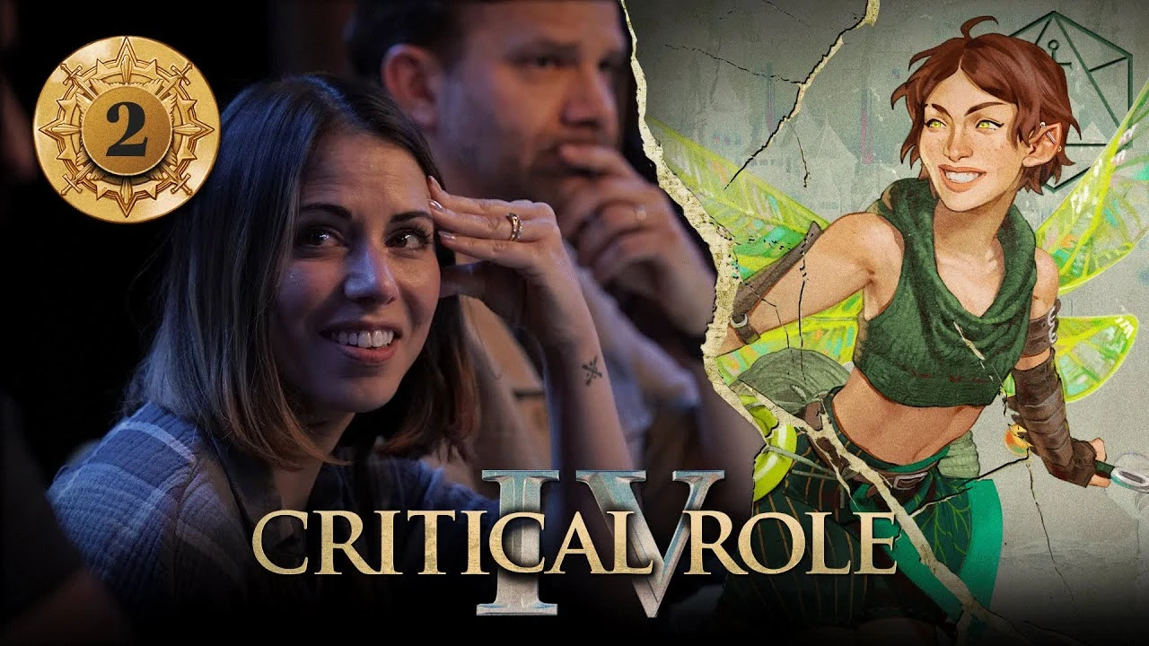 Thumbnail for Critical Role IV episode 2. A split image having the effect of cracked plaster, with Laura and Liam on the left and character art of Thimble on the right. Laura sits at the table, smiling worriedly, her hand pressed against her temple. Liam is slightly out of focus in the background next to her, his hand placed to his mouth in thought. Thimble is a white-skinned pixie with brown hair in a pixie cut and four large, iridescent, dragonfly-like wings sprouting from her back. She wears a knit green sleeveless crop top and wields needles as swords. Brown leather bracers cover her forearms and a metal rod pierces her right ear. She strikes an action pose, mid-flight.