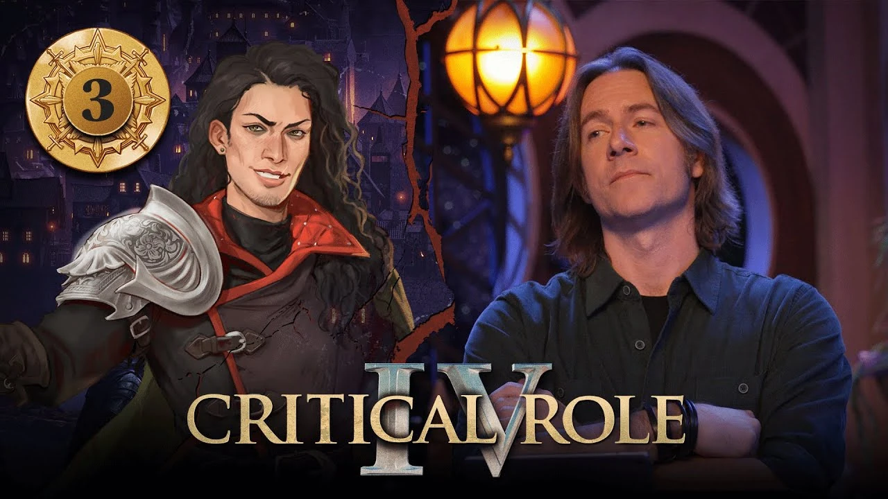 Thumbnail for Critical Role IV episode 3. A split image having the effect of cracked plaster, with character art of Julien Davinos on the left and a photo of Matt on the right. Julien is a white-skinned human with long wavy dark brown hair and a scornful expression on his face. He wears a long brown cloak with red accents along the edge and collar. A large silver pauldron is on his right shoulder. A stud earring is in his right ear. Matt sits at the table with his arms crossed, head slightly tilted and looking calmly and attentively off to the side.