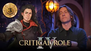 Thumbnail for Critical Role IV episode 3. A split image having the effect of cracked plaster, with character art of Julien Davinos on the left and a photo of Matt on the right. Julien is a white-skinned human with long wavy dark brown hair and a scornful expression on his face. He wears a long brown cloak with red accents along the edge and collar. A large silver pauldron is on his right shoulder. A stud earring is in his right ear. Matt sits at the table with his arms crossed, head slightly tilted and looking calmly and attentively off to the side.