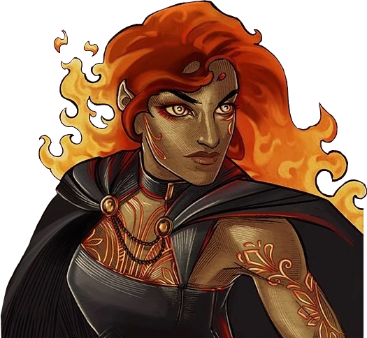 Fy’ra Rai from the chest up. A fire genasi woman with bronze skin and red hair ending in rising flames. Flowing tattoos glow in orange across her arm and chest. She wears a black sleeveless dress and flowing black cape clasped with a chain.