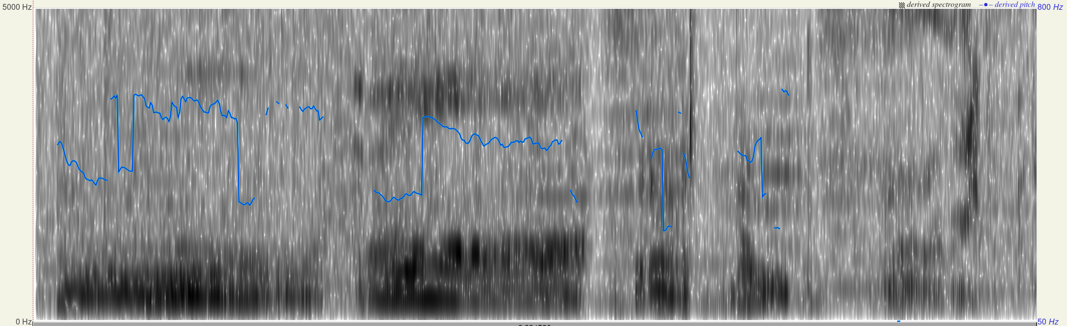 A spectrogram ranging from 0 Hz to 5000 Hz. Light blue lines show the rising and falling derived pitch. Darker bars are at the bottom indicating lower frequencies, and a dark vertical bar is at the right side.