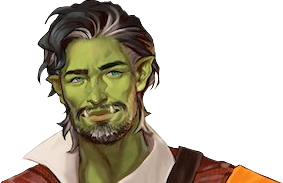 Halandil from the shoulders up. A bright-green-skinned orc with black hair and beard, shot through with streaks of white. He wears a colorful orange and white jacket with bright yellow shoulder pads. He looks directly at the viewer, a slightly sad expression on his face.