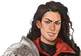 Julien from the shoulders up. A white-skinned human with long wavy dark brown hair and a scornful expression on his face. He wears a brown cloak with red accents along the edge and collar. A large silver pauldron is on his right shoulder. A stud earring is in his right ear.