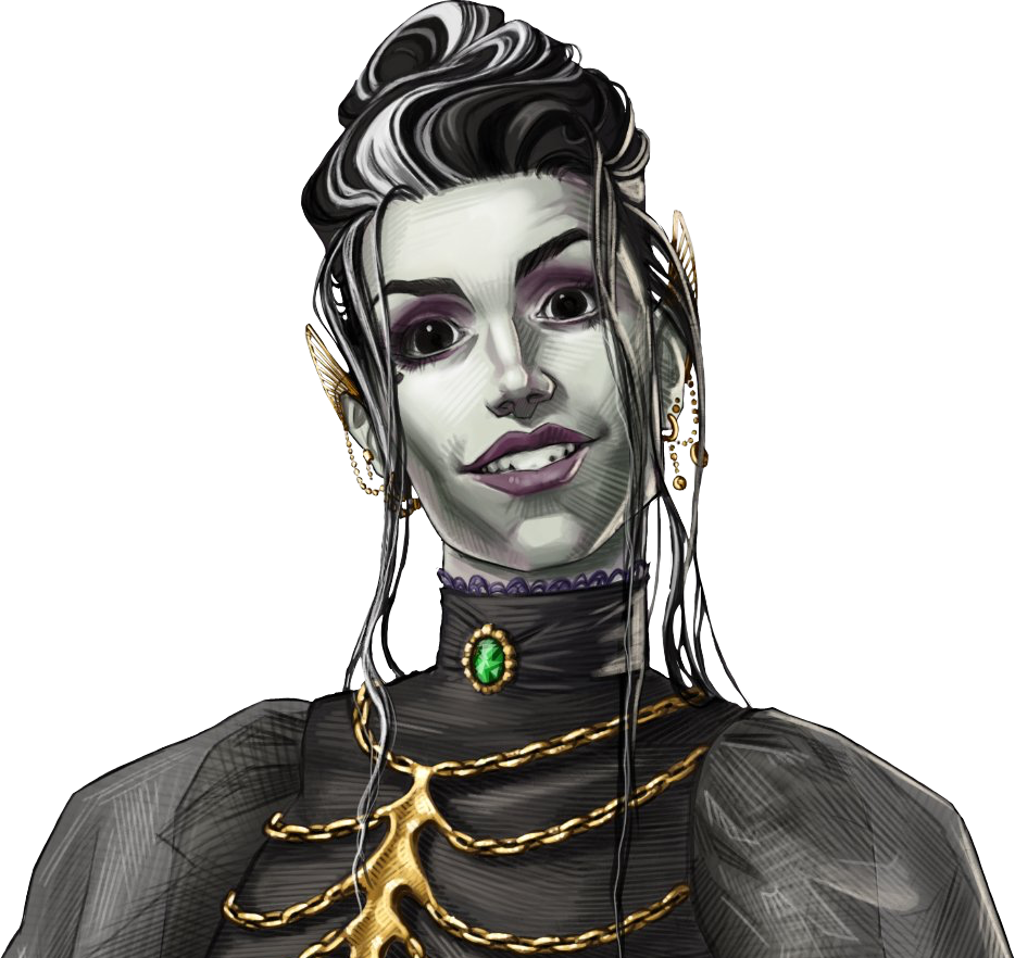 Laudna from the chest up. A paper-pale and thin human woman. Her hair is black with white streaks, done up over her head with several long strands draping down past her chest. She is wearing a black high-necked dress with gauzy sleeves and gold accents in the shape of a ribcage on the front. A green gem sits atop the collar fabric at the base of her neck. Her ears are capped with pointed gold cuffs. She looks directly at the viewer with a rigid smile.