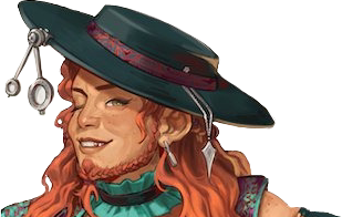 Murray with the shoulders up. A white-skinned dwarf with long wavy red hair and a short red beard braided at the tip of her chin. She wears a wide brimmed hat with a silver pendant and two jewler’s lenses dangling off of it. A ruffly turquoise choker is around her neck. She winks.