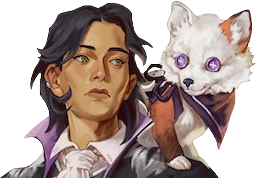 Occtis from the shoulders up with Pincushion perched on his left shoulder. A tan-skinned human with short black hair that curls back around his ears. He wears an aristocratic outfit, including a black jacket with high purple collar and a large white ascot. A fluffy white fox with purple button eyes, an orange left ear, an orange right front leg, and a purple bow around its neck stands on his shoulder. He looks wistfully off into the distance.