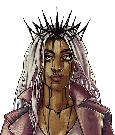 Opal from the chest up. A brown-skinned woman with long white hair and a spikey crown digging in to the top of her head. Black ooze drips from where the crown pierces her past her eyes (one light one dark) and down her chest. She wears a pale pink jacket with a flared collar over a lavender V-neck top and stares blankly forward.