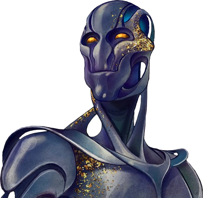 S.I.L.A.H.A from the chest up. A humanoid metal being with blueish gray skin and small orange eyes. Sections of their metal frame flow smoothly together like contours of muscles, revealing some hollow areas in their neck and upper arms. Specks of gold adorn their chest and cheeks and a blue glow comes from within their cranium.