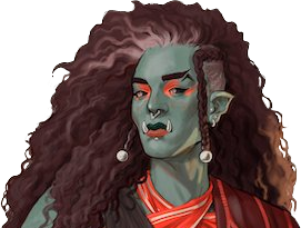 Thaisha from the shoulders up. A pale-green-skinned orc with long, voluminous, curly brown hair with a few streaks of white. Two braids frame either side of her face, with white pearls hanging at the bottoms. a bright red ornate strip of fabric drapes around her neck and shoulders. Red makeup surrounds her eyes, a ring hangs from her nose, and her left eyebrow has a notch.
