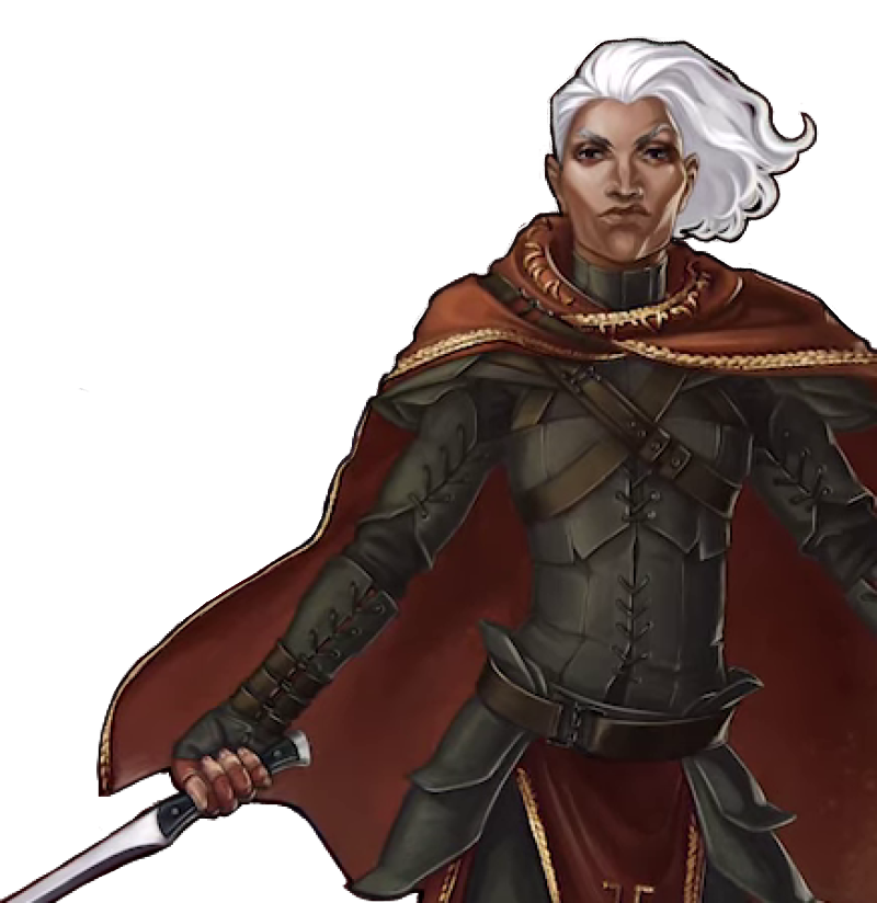 Otohan, a woman with stark white hair flowing in the breeze and a stern expression with pursed lips. She wears tight-fitting armor made of many pieces of laced black leather and a red cape with gold trim. In her right hand is a thin blade, held out down and to her side.