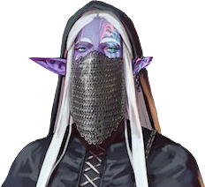 Vaelus from the shoulders up. A purple-skinned elf with a hood and long straight white hair reaching past her chest. She wears a chainmail veil covering the lower half of her face and a black leather shirt laced up to her neck. Her purple skin has patterns of oranges, pinks, greens, and blues on the left side of her face. She stares forward, eyes narrowed.